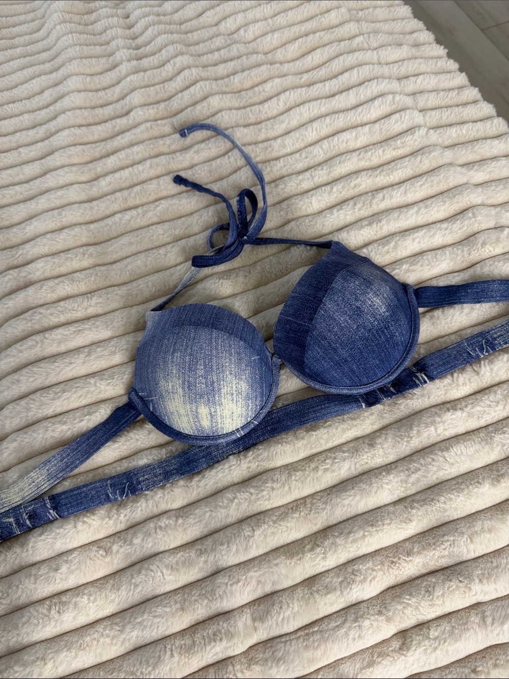 Denim-Style Padded Bikini Top - Blue